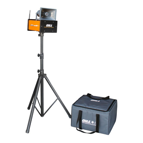 Image of A portable wireless starter system for track and field events, featuring a tripod stand, a black and orange casing, and a grey carrying case with the brand 'GILL' visible.