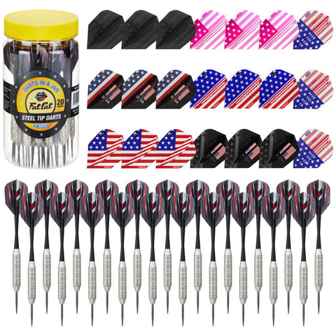 Image of A set of 21 steel tip darts in a jar with various patriotic-themed dart flights attached.