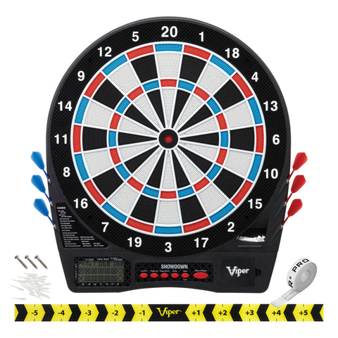 Image of Viper Showdown Electronic Dartboard, Metropolitan Espresso Cabinet, Laser Throw Line & Shadow Buster Dartboard Light Bundle