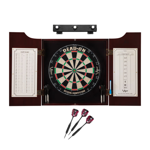 Image of Viper Dead On Sisal Dartboard, Hudson Cabinet, Black Mariah Steel Tip Darts & Shadow Buster Dartboard Light Bundle