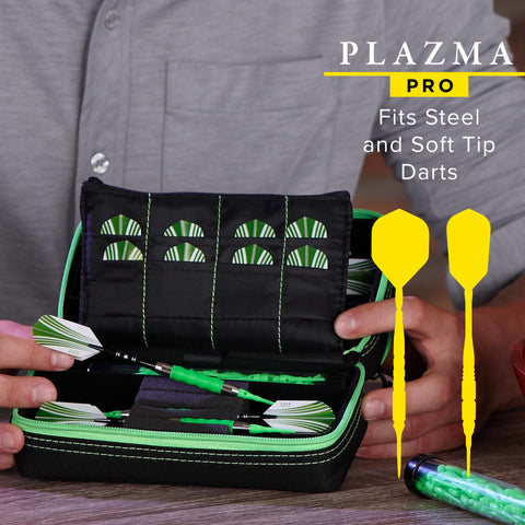Image of Casemaster Plazma Pro Dart Case Black with Green Zipper and Phone Pocket
