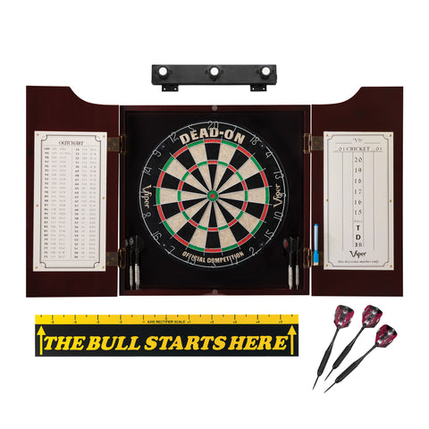 Image of Viper Dead On Sisal Dartboard, Hudson Cabinet, Throw Line Marker, Black Mariah Steel Tip Darts & Shadow Buster Dartboard Light Bundle