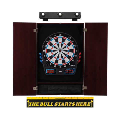 Image of Viper 777 Electronic Dartboard, Metropolitan Mahogany Cabinet, "The Bull Starts Here" Throw Line Marker & Shadow Buster Dartboard Lights
