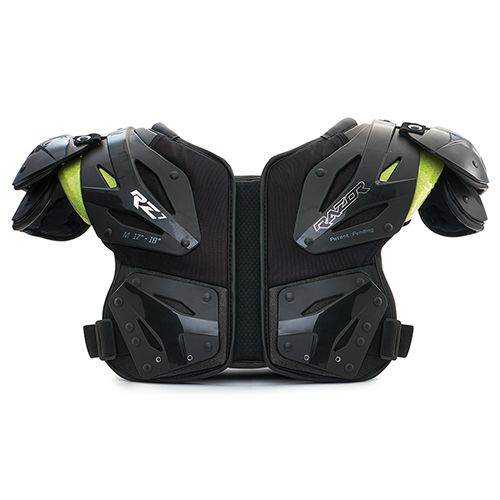 A pair of black RAZOR RZ7 shoulder pads designed for football players, featuring protective padding and a strap system.