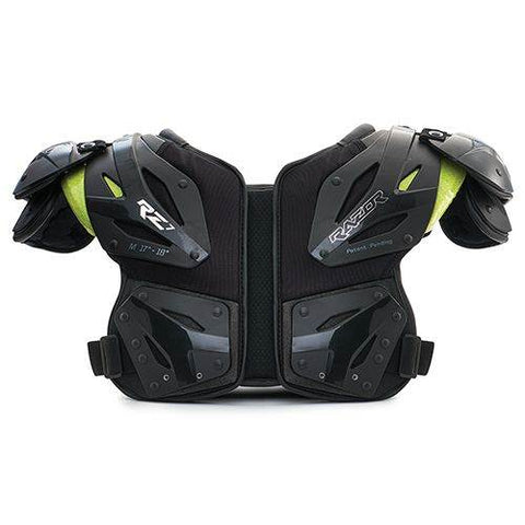 Image of A pair of black RAZOR RZ7 shoulder pads designed for football players, featuring protective padding and a strap system.