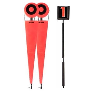 Image of A set of American football chain and flip down box with high visibility orange banners and poles.