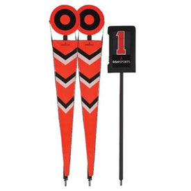 A set of chevron orange referee stands with a black pole and orange banners, featuring 'Bulls-eye' design and two-color numbers.