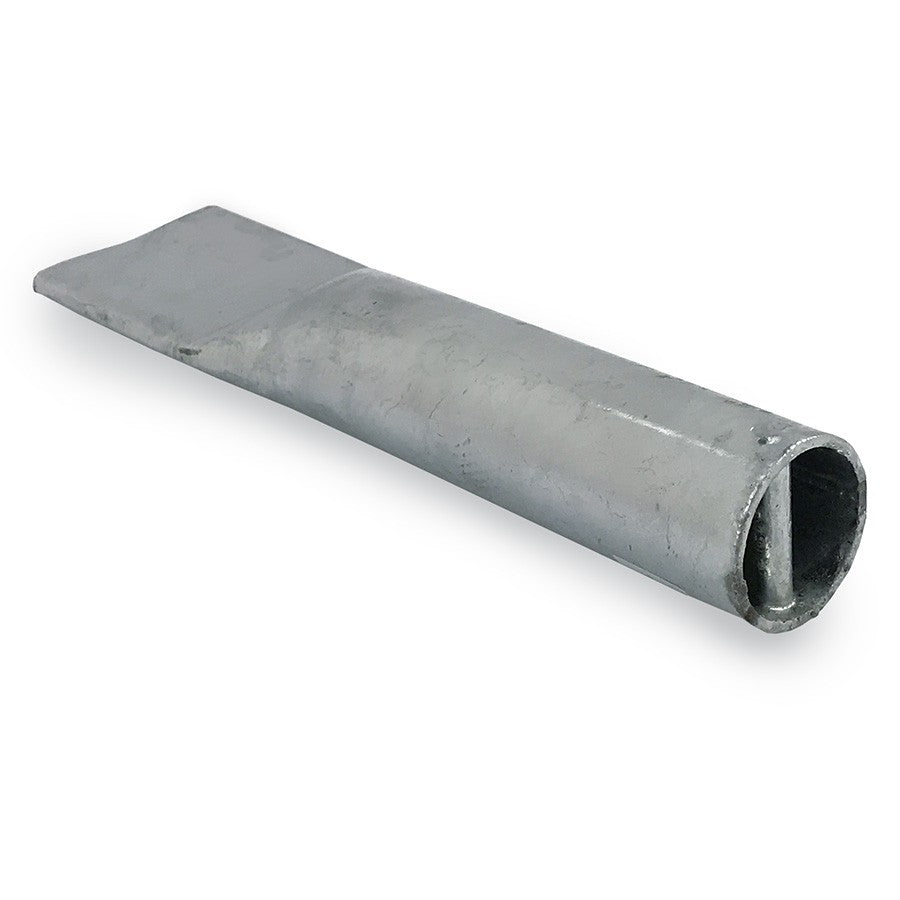A silver-colored strap ground anchor for tennis nets, made of galvanized steel, with a solid pattern and no visible branding.