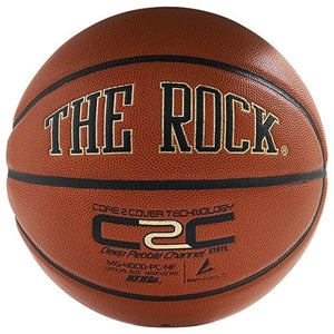 A brown leather basketball with 'THE ROCK' branding and text logo.