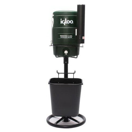 A green Tidi-Cooler stand with a black basket, designed to hold a 5 gallon cooler, featuring a wide stance base and a security cable.