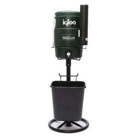 A green Tidi-Cooler stand with a black basket, designed to hold a 5 gallon cooler, featuring a wide stance base and a security cable.
