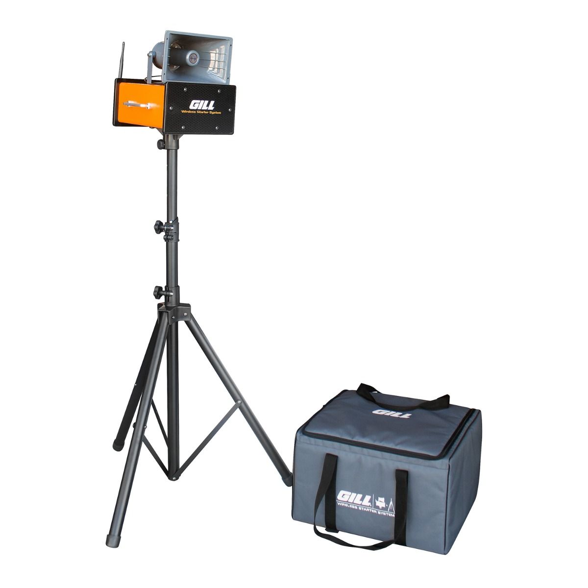 A portable wireless starter system for track and field events, featuring a tripod stand, a black and orange casing, and a grey carrying case with the brand 'GILL' visible.