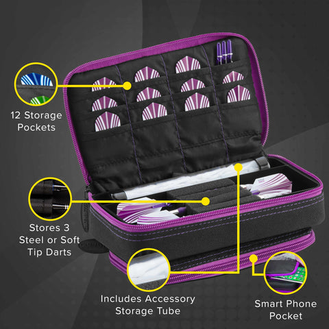 Image of Casemaster Plazma Plus Dart Case Black with Amethyst Zipper and Phone Pocket