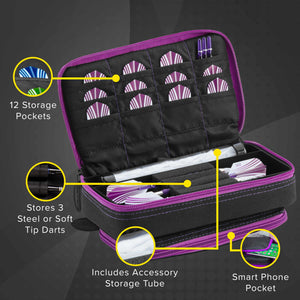 Casemaster Plazma Plus Dart Case Black with Amethyst Zipper and Phone Pocket