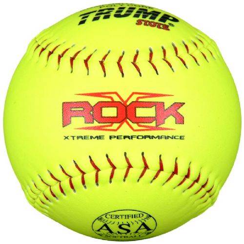 A yellow softball with The Rock branding and Trump logo, indicating it is a 12-inch composite leather softball.