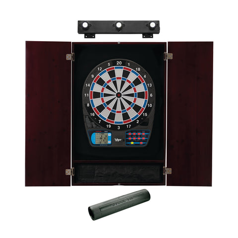 Image of Viper 787 Electronic Dartboard, Metropolitan Mahogany Cabinet, Padded Dart MAt & Shadow Buster Dartboard Lights
