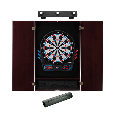Image of Viper 777 Electronic Dartboard, Metropolitan Mahogany Cabinet, Padded Dart MAt & Shadow Buster Dartboard Lights