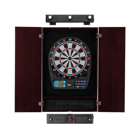 Image of Viper 787 Electronic Dartboard, Metropolitan Mahogany Cabinet, Laser Throw Line Marker & Shadow Buster Dartboard Lights