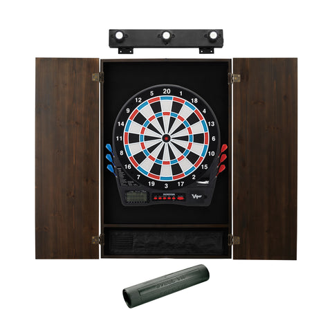 Image of Viper Showdown Electronic Dartboard, Metropolitan Espresso Cabinet, Dart Mat & Shadow Buster Dartboard Light Bundle