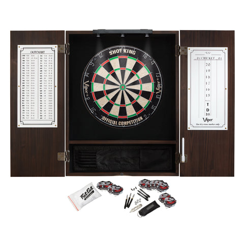 Image of Viper Espresso Metropolitan Steel Tip Cabinet, Viper Shot King Bristle Dartboard, Viper Shadow Buster Dartboard Lights, and Fat Cat Steel Tip Accessory Value Pack