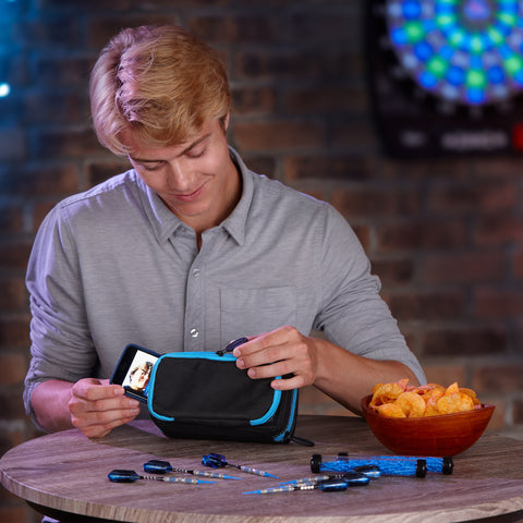 Image of Casemaster Plazma Pro Dart Case Black with Blue Zipper and Phone Pocket