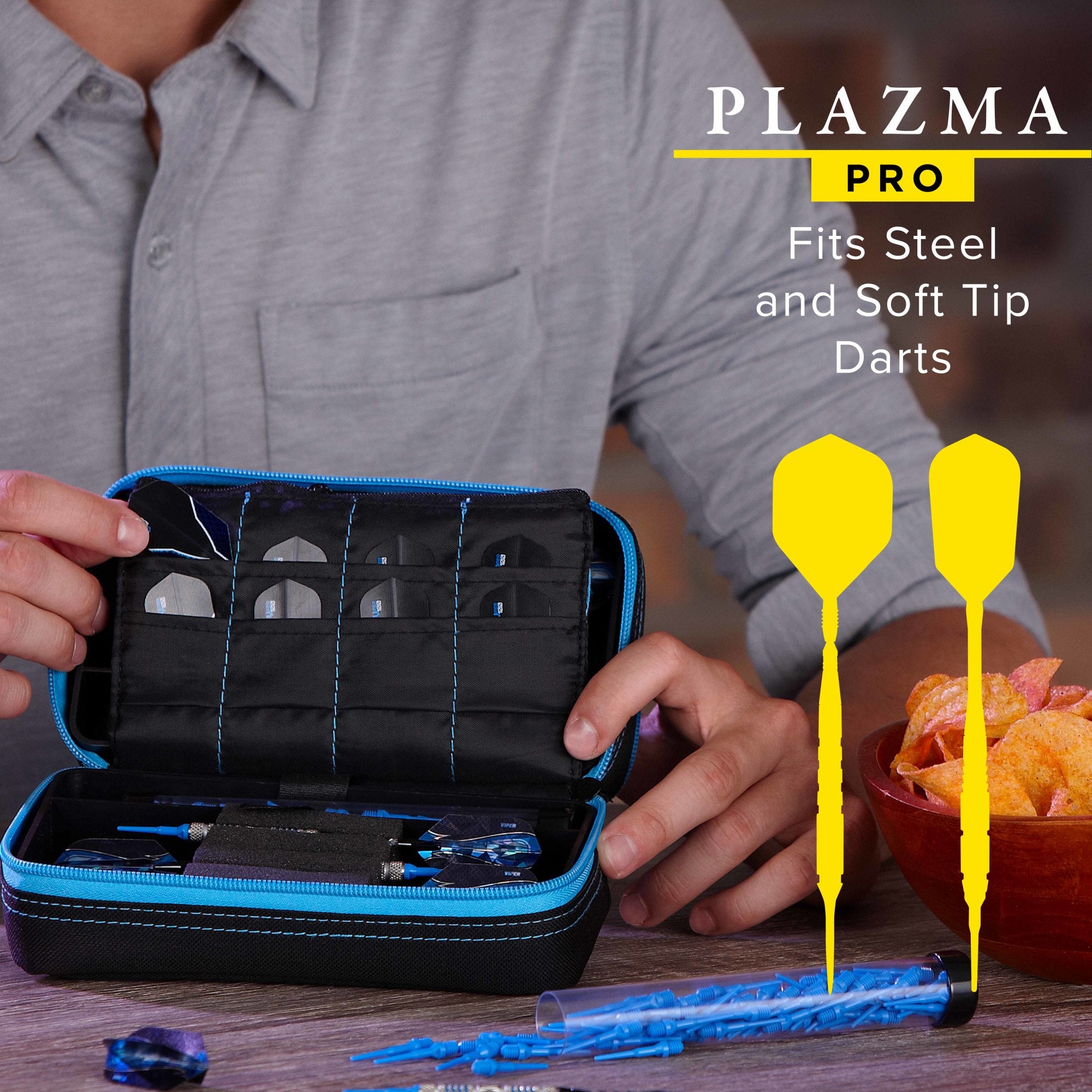 Casemaster Plazma Pro Dart Case Black with Blue Zipper and Phone Pocket