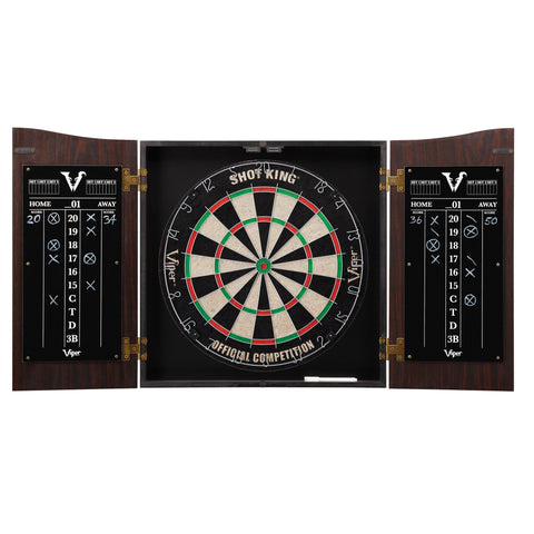 Image of Viper Vault Cabinet with Shot King Sisal Dartboard, Shadow Buster Dartboard Lights, Steel Tip Dart Accessories Kit & "The Bull Starts Here" Throw Line Marker