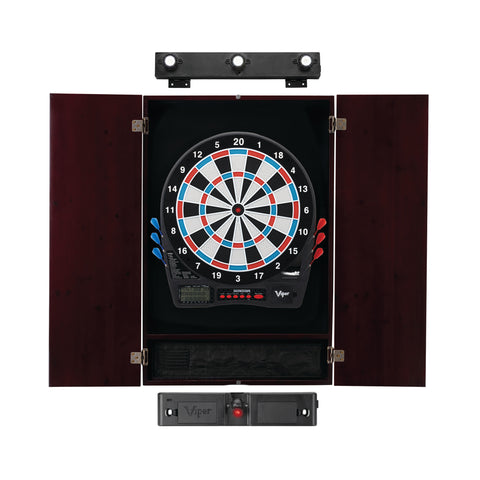 Image of Viper Showdown Electronic Dartboard, Metropolitan Mahogany Cabinet, Laser Throw Line Marker & Shadow Buster Dartboard Lights