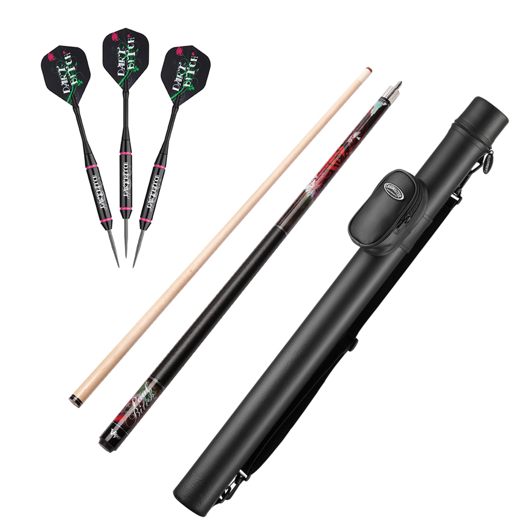 Viper Vanity Dart Bitch Steel Tip Darts 22 Grams, Viper Underground Pool Bitch Cue, and Casemaster Q-Vault Supreme Black Cue Case