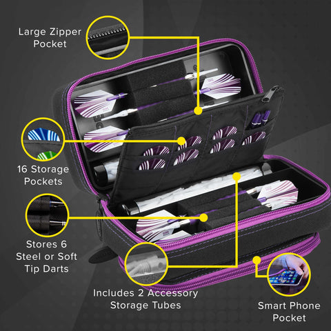 Image of Casemaster Plazma Pro Dart Case Black with Amethyst Zipper and Phone Pocket