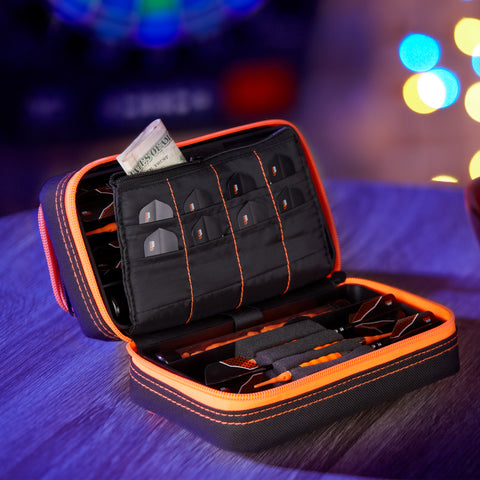 Image of Casemaster Plazma Pro Dart Case Black with Orange Zipper and Phone Pocket