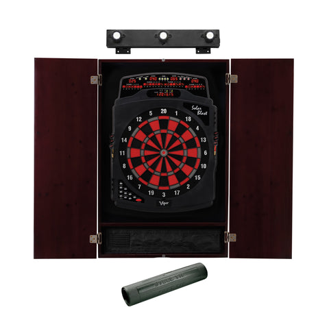 Image of Viper Solar Blast Electronic Dartboard, Metropolitan Mahogany Cabinet, Dart Mat & Shadow Buster Dartboard Light Bundle