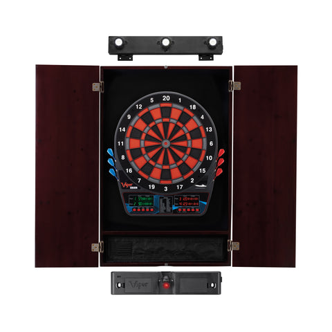 Image of Viper Orion Electronic Dartboard, Metropolitan Mahogany Cabinet, Laser Throw Line & Shadow Buster Dartboard Light Bundle