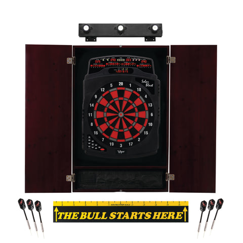 Image of Viper Solar Blast Electronic Dartboard, Metropolitan Mahogany Cabinet, "The Bull Starts Here" Throw Line Marker & Shadow Buster Dartboard Lights