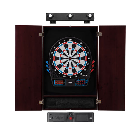 Image of Viper 777 Electronic Dartboard, Metropolitan Mahogany Cabinet, Laser Throw Line Marker & Shadow Buster Dartboard Lights
