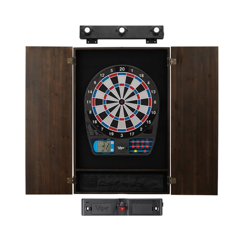 Image of Viper 787 Electronic Dartboard, Metropolitan Espresso Cabinet, Laser Throw Line & Shadow Buster Dartboard Light Bundle