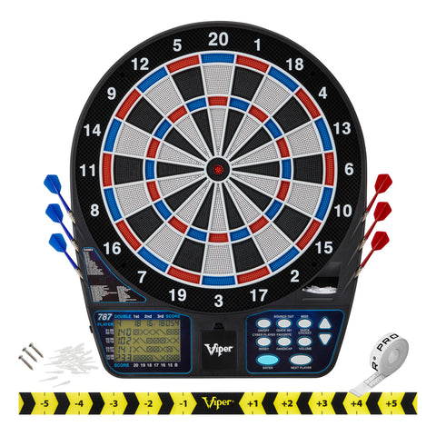 Image of Viper 787 Electronic Dartboard, Metropolitan Espresso Cabinet, Throw Line Marker & Shadow Buster Dartboard Light Bundle