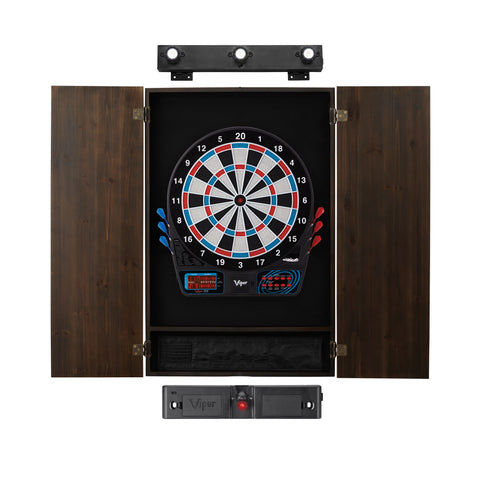 Image of Viper 777 Electronic Dartboard, Metropolitan Espresso Cabinet, Laser Throw Line & Shadow Buster Dartboard Light Bundle