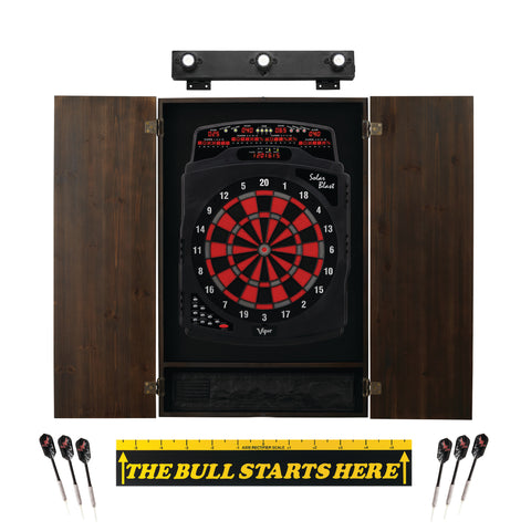 Image of Viper Solar Blast Electronic Dartboard, Metropolitan Espresso Cabinet, Throw Line Marker & Shadow Buster Dartboard Light Bundle
