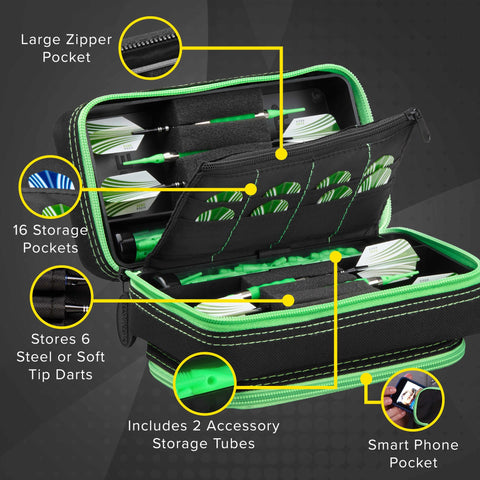 Image of Casemaster Plazma Pro Dart Case Black with Green Zipper and Phone Pocket