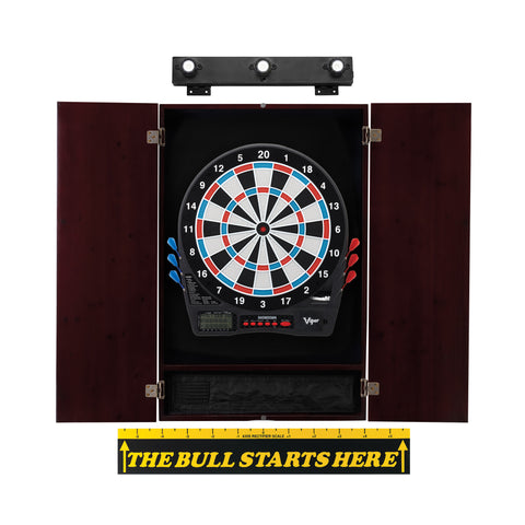 Image of Viper Showdown Electronic Dartboard, Metropolitan Mahogany Cabinet, "The Bull Starts Here" Throw Line Marker & Shadow Buster Dartboard Lights