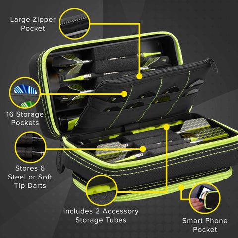 Image of Casemaster Plazma Pro Dart Case Black with Yellow Zipper and Phone Pocket