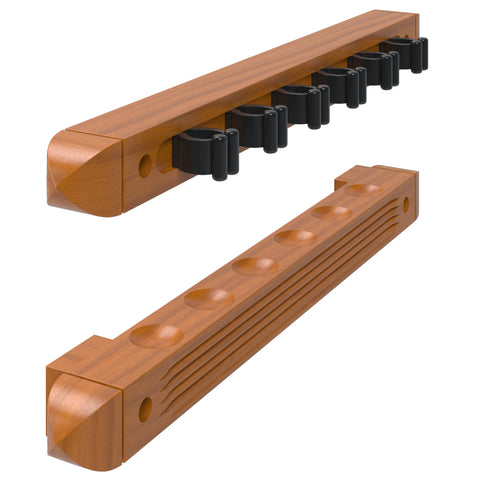 Image of Viper One Piece 36" Maple Bar Cue 14 Ounce, Viper One Piece 57" Maple Bar Cue 19 Ounce, Viper One Piece 57" Maple Bar Cue 20 Ounce, and Fat Cat Oak 6 Cue 2-Piece Wall Cue Rack