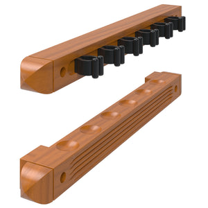 Viper One Piece 36" Maple Bar Cue 14 Ounce, Viper One Piece 57" Maple Bar Cue 19 Ounce, Viper One Piece 57" Maple Bar Cue 20 Ounce, and Fat Cat Oak 6 Cue 2-Piece Wall Cue Rack