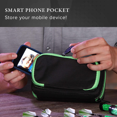 Image of Casemaster Plazma Pro Dart Case Black with Green Zipper and Phone Pocket