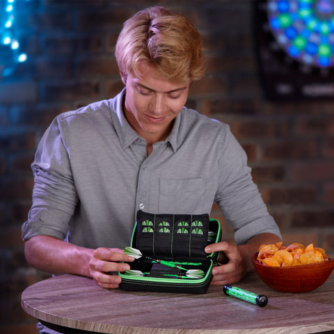 Image of Casemaster Plazma Pro Dart Case Black with Green Zipper and Phone Pocket