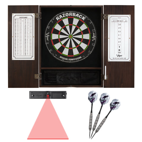 Image of Viper Espresso Metropolitan Steel Tip Cabinet, Razorback Sisal Dartboard, Underground Raven Steel Tip Darts 25 Grams, and Laser Throw Line