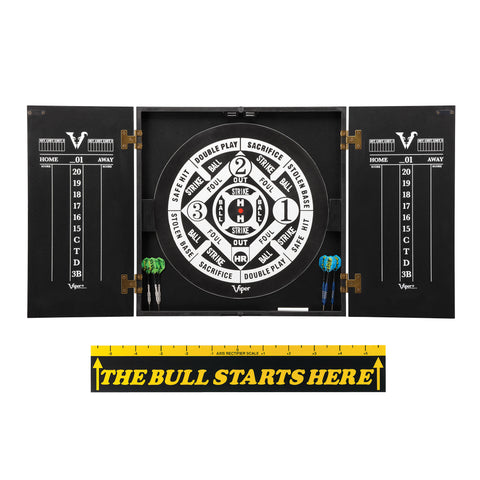 Image of Viper Hideaway Cabinet with Coiled Paper Dartboard & "The Bull Starts Here" Throw Line Marker