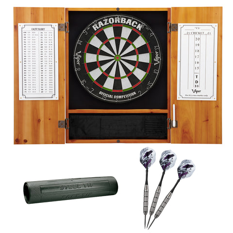 Image of Viper Metropolitan Oak Steel Tip Dartboard Cabinet, Viper Razorback Sisal Dartboard, Viper Underground Raven Steel Tip Darts 25 Grams, and Viper Vinyl Dart Mat