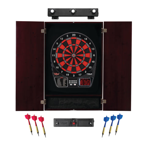 Image of Viper 797 Electronic Dartboard, Metropolitan Mahogany Cabinet, Laser Throw Line Marker & Shadow Buster Dartboard Lights